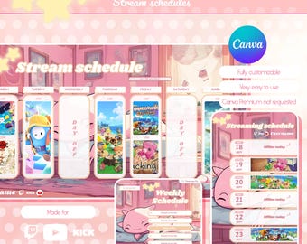 以下が含まれることがあります： かわいいアホロートルのかわいいキャラクターが描かれた、ピンクと白のデジタルストリームスケジュールテンプレート。テンプレートには、週間スケジュール、日別スケジュール、ストリーミングスケジュールが含まれています。テンプレートの上部には、「Cute axolotl」と「Stream schedules」のテキストがあります。日別スケジュールの最上部には、「Stream schedule」というテキストがピンクの横断幕に入っています。週間スケジュールの最上部には、「Weekly Schedule」というテキストがピンクの横断幕に入っています。ストリーミングスケジュールの最上部には、「Streaming schedule」というテキストがピンクの横断幕に入っています。ストリーミングスケジュールの最上部には、「Username」というテキストがピンクの横断幕に入っています。ストリーミングスケジュールの最下部には、「Offline today」というテキストがピンクの横断幕に入っています。