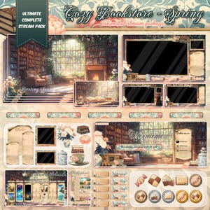 May include: A digital art stream package with a cozy bookstore theme. The design includes animated overlays, panels, and screens with floral and book elements. Text includes "Cozy Bookstore - Spring" and "Starting Soon".