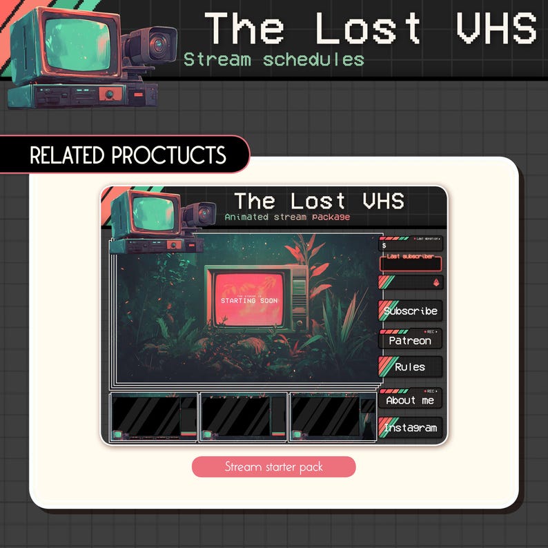 May include: Digital art featuring a retro television and video camera, with the text "The Lost VHS" and "Stream schedules." The main image displays a streaming overlay with a vintage TV screen and various interactive buttons. The text "Starting Soon" is visible.