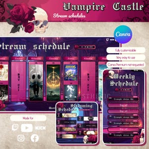 May include: A purple and black digital template for a weekly streaming schedule. The template features a gothic castle theme with a skull and roses. The text "Vampire Castle" and "Stream schedules" is at the top of the template. The template is customizable and easy to use. The text "Weekly Schedule" is at the top of the schedule. The text "Example stream title" is repeated several times on the schedule. The text "Day off" is repeated several times on the schedule.