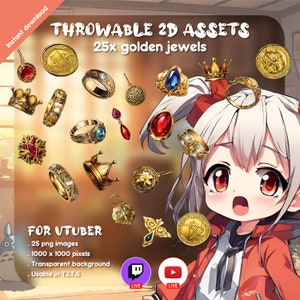 Może przedstawiać: Zestaw 25 złotych elementów biżuterii dla wirtualnych streamerów. Zestaw zawiera korony, pierścienie, wisiorki i inne ozdoby. Elementy mają rozmiar 1000 x 1000 pikseli i przezroczyste tła. Są użyteczne w T.I.T.S.