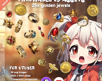 2D ゴールド ジュエル Vtuber 投擲可能アセット: 25 PNG (デジタル ダウンロード)