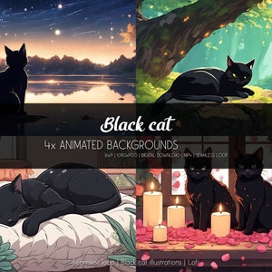 黒猫のイラストバンドル アニメーション背景 | Twitch、Vtuber、ストリームの装飾用のLofiアートデジタルウォールアート。黒い子猫
