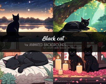 Könnte beinhalten: Vier animierte Hintergründe mit einer schwarzen Katze in verschiedenen Umgebungen. Die Hintergründe umfassen einen sternenklaren Nachthimmel, einen üppigen Wald, ein gemütliches Schlafzimmer und eine romantische Szene mit Kerzen und Rosenblättern.
