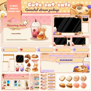 Könnte beinhalten: Ein digitales Stream-Paket mit dem Titel Cute cat cafe, das animierte Overlays, Panels und Symbole in einer sanften pfirsichfarbenen Palette enthält. Die Grafiken zeigen Illustrationen von Katzen in Cafés, Gebäck, Getränken und Texten.