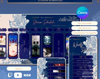 Plantilla de calendario de transmisión floral dibujada a mano: Planificador de Twitch/Instagram azul y dorado (Canva, descarga digital)