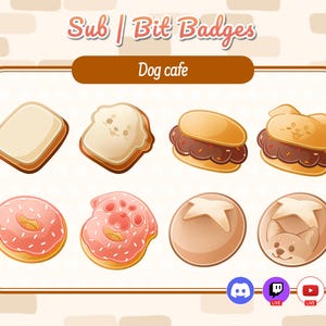 Op de afbeelding: Een digitale illustratieset getiteld Sub | Bit Badges Dog cafe met acht iconen in voedselthema. De iconen bevatten een snee brood, een hondvormige snee brood, een burger, een burger met een hondengezicht, een roze donut, een donut met een hondengezicht, een broodje en een broodje met een hondengezicht.