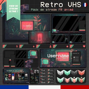 May include: A digital art pack with a retro VHS theme, featuring a dark color palette with teal, red, and green accents. The design includes a vintage television, streaming overlays, and social media icons. Text includes "Retro VHS" and "Username Horror Gaming".