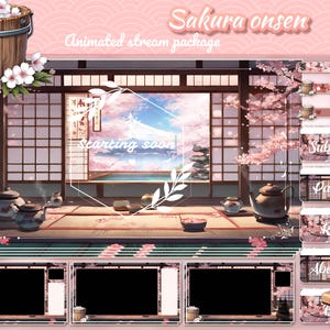 Japanese onsen twitch animated overlay pack. Cherry blossoms stream overlay, Hot spring vtuber background, sakura stream package, alerts