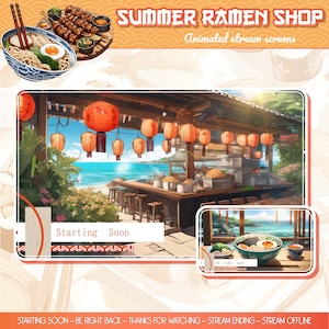 Schermate animate di un negozio di ramen giapponese: sfondo Vtuber con spiaggia estiva (download digitale)
