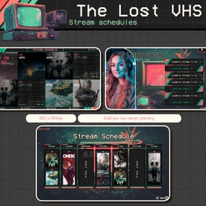 May include: Digital stream schedule template with a retro VHS theme. Features a vintage television and camera graphic. Includes sections for stream planning and a weekly schedule with game art and stream times.