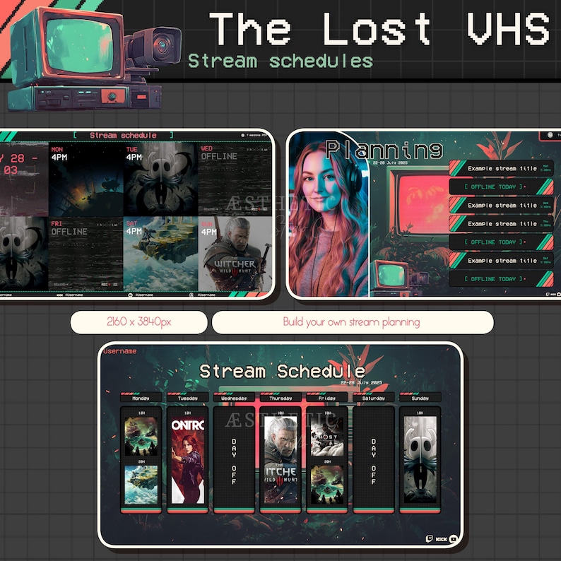 May include: Digital stream schedule template with a retro VHS theme. Features a vintage television and camera graphic. Includes sections for stream planning and a weekly schedule with game art and stream times.