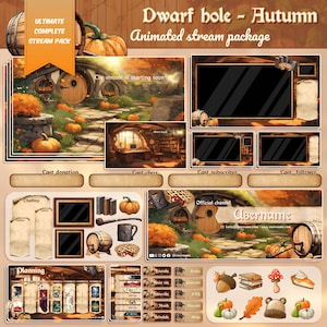 May include: A digital illustration of a stream package for Twitch or YouTube. The theme is a dwarf hole in an autumn forest. The package includes a variety of elements, such as a chatbox, a planning board, a donation alert, a cheer alert, a subscriber alert, a follower alert, and a stream starting soon screen. The package also includes a variety of icons, such as a mushroom, a pumpkin, a book, and a acorn.