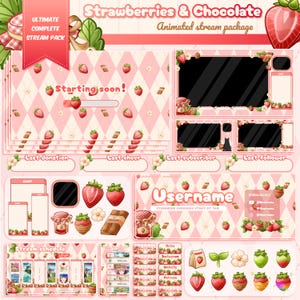 No AI Cute strawberry & chocolate ULTIMATE full stream package. Pastel pink stream overlay, girly Twitch overlay pack, Strawberry overlay