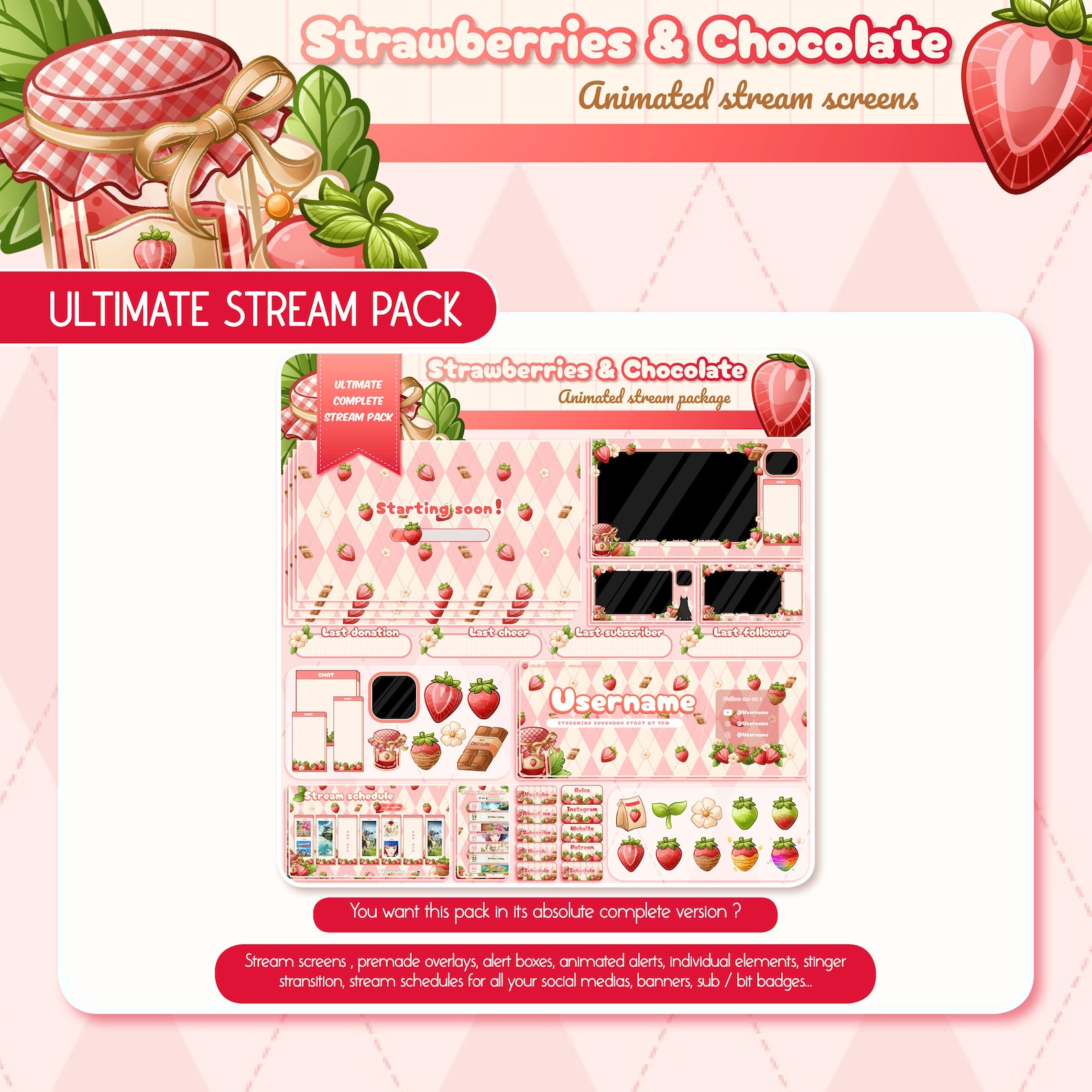 Hand-drawn Strawberry Chocolate Twitch Stream Screens: Kawaii Vtuber ...