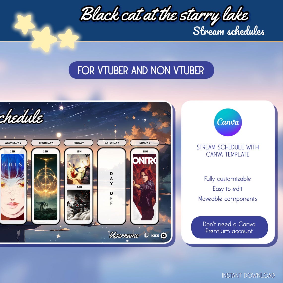 Black Cat Stream Schedule Template: Twitch & Instagram Planner (canva ...