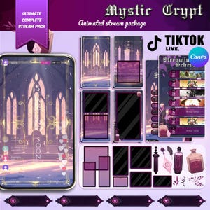 May include: A digital art package with a gothic theme, featuring a smartphone screen displaying a live stream with a cathedral background. Includes animated overlays, a streaming schedule, and graphics for TikTok Live. The color palette is purple and gold.