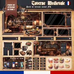 Peut inclure: Un pack d'art numérique sur le thème d'une taverne médiévale. Le pack comprend divers éléments de superposition pour le streaming, tels que des écrans, des panneaux et des icônes. Le design présente une palette de couleurs chaudes avec des textures en bois et le texte "Taverne Medievale".