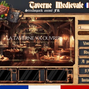 Peut inclure: Image numérique d'un overlay de stream sur le thème d'une taverne médiévale. La scène intérieure détaillée présente des tables, de la nourriture et des boissons. Le texte comprend "Taverne Medievale" et "LA TAVERNE VA OUVRIR".