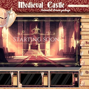 Może przedstawiać: Animowany pakiet streamowania "Medieval Castle" o tematyce średniowiecznej. Obraz przedstawia wnętrze zamku z tronem, tekstem "STARTING SOON" oraz przyciskami "Subskrybuj", "Patreon", "Zasady", "O mnie" i "FAQ".