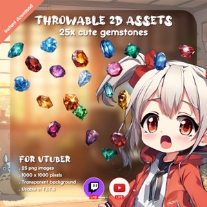 May include: 25 animated gemstones in various colors and shapes, perfect for use in virtual streams. The gemstones are transparent and have a shiny finish. The image also includes a cartoon character with a surprised expression.