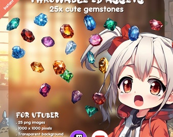 2D クリスタル Vtuber 投擲可能アセット: 25 個の PNG ジェムストーン (デジタルダウンロード)