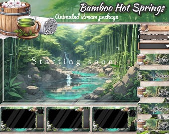Op de afbeelding: Geanimeerd streampakket voor Twitch of YouTube met een bamboebosthema en hete bronnen. Het pakket bevat een startscherm, een abonneerknop, een Patreon-knop, een regelsknop, een over mij-knop en een fooiknop. Het pakket bevat ook vier aanpasbare panelen.