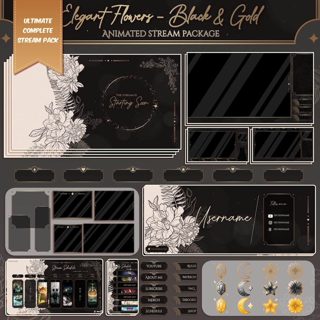 Hand-drawn Floral Full Stream Package: Black & Gold Twitch Overlay ...