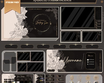 Hand-Drawn Floral Full Stream Package: Black & Gold Twitch Overlay (Digital Download)