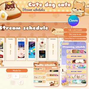 Peut inclure: Graphique numérique sur le thème du "Cute dog cafe", avec un chien Shiba Inu. Le design comprend une mise en page de calendrier de diffusion avec le texte "Stream schedule", "Weekly schedule" et "Streaming schedule". La palette de couleurs est principalement marron et beige.