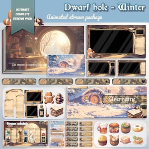 May include: A winter-themed animated stream package for Twitch or YouTube. The package includes a variety of elements, such as a chatbox, a stream schedule, and a username banner. The package is designed in a whimsical style with a gingerbread man, a snowy scene, and a cozy cottage.