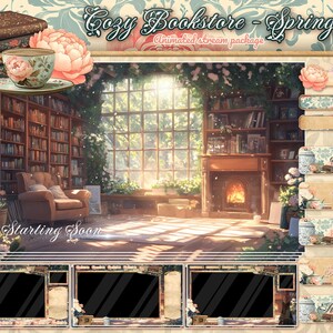 Puede incluir: Un paquete de transmisión animado titulado "Cozy Bookstore - Spring" que presenta un interior de librería acogedor con estanterías, una chimenea y una ventana grande. El paquete incluye elementos animados y superposiciones de texto como "Starting Soon".
