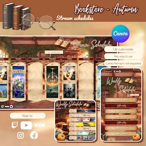 Op de afbeelding: Een digitale illustratie van een boekenkachel met een wekelijks streaming schema. De afbeelding toont een rustiek houten interieur met boekenkasten en een open haard. Het streaming schema wordt weergegeven op een digitaal scherm met een kalender lay-out. De afbeelding bevat ook een pompoen en een kopje koffie.