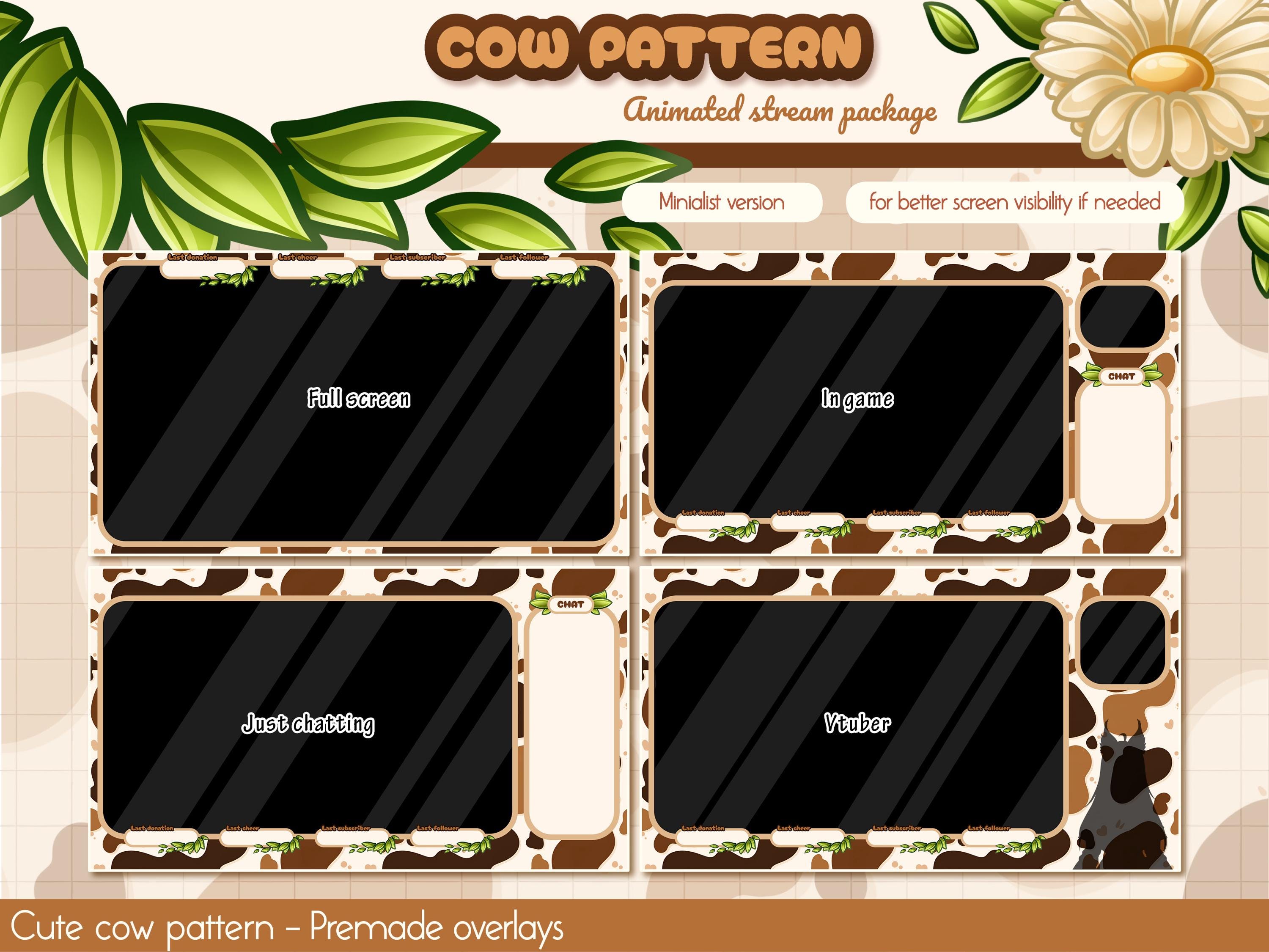 No AI Cute Cow Pattern Twitch Animated Overlay Pack. Brown Cow Stream ...