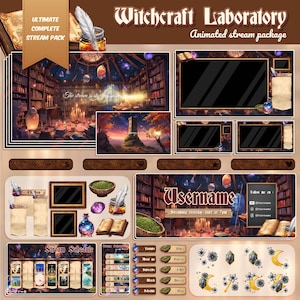 Könnte beinhalten: Eine digitale Illustration eines Stream-Pakets für ein Hexenlabor. Das Bild enthält verschiedene Elemente, wie eine Bibliothek, einen Kessel, eine Zaubertrankflasche und eine Feder. Der Text "Witchcraft Laboratory" wird in großer Schrift oben im Bild angezeigt. Der Text "Animated stream package" wird unter dem Titel angezeigt. Das Bild enthält auch verschiedene andere Texte, wie "Username", "Stream Schedule" und "Follow me on:".