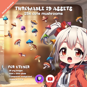 May include: A set of 25 colorful cartoon mushroom illustrations with transparent backgrounds. The mushrooms are in various shapes and sizes, with red, yellow, green, blue, and purple colors. The text "THROWABLE 2D ASSETS 25x cute mushrooms" is at the top of the image. The text "FOR VTUBER 25 png images 1000 x 1000 pixels Transparent background Usable in T.I.T.S" is at the bottom of the image.