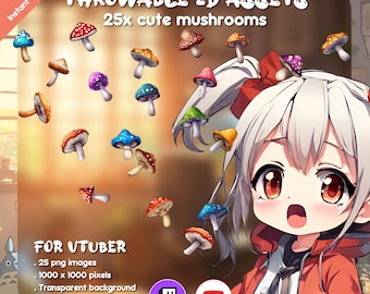2D マッシュルーム Twitch 投擲可能アセット: 25 個の PNGtuber アイテム (デジタル ダウンロード)