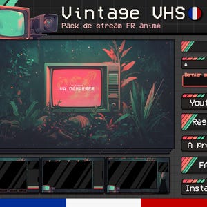 May include: Digital art featuring a vintage television and video camera, with the text "Vintage VHS" and "Pack de stream FR animé." The design includes a French flag and various streaming interface elements.