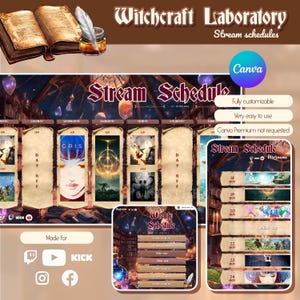Peut inclure: Une illustration numérique d'un modèle de planning de diffusion pour Twitch, YouTube et Kick. Le modèle présente un fond brun foncé avec un thème médiéval. Le planning est personnalisable et facile à utiliser. Le texte "Witchcraft Laboratory" est en haut de l'image. Le texte "Stream Schedule" est au centre de l'image. Le texte "Weekly Schedule" est en bas à droite de l'image.