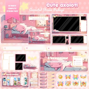 Cute axolotl ULTIMATE full stream package. Pastel pink stream overlay, stream transition, twitch alerts.. Cozy girly Twitch overlay pack