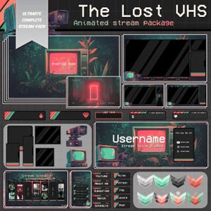 May include: A digital art stream package titled "The Lost VHS." The design features a retro aesthetic with a color palette of teal, red, and black. Includes animated overlays, panels, and a stream schedule. The text includes "Starting Soon" and "Stream twice a week."