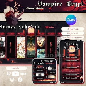 Könnte beinhalten: Eine digitale Vampire Crypt Stream-Zeitplanvorlage mit einem dunkelroten und schwarzen Farbschema. Das Design umfasst ein wöchentliches Zeitplan-Layout, ein Canva-Logo und Social-Media-Symbole. Der Text enthält "Stream schedules" und "Weekly Schedule".
