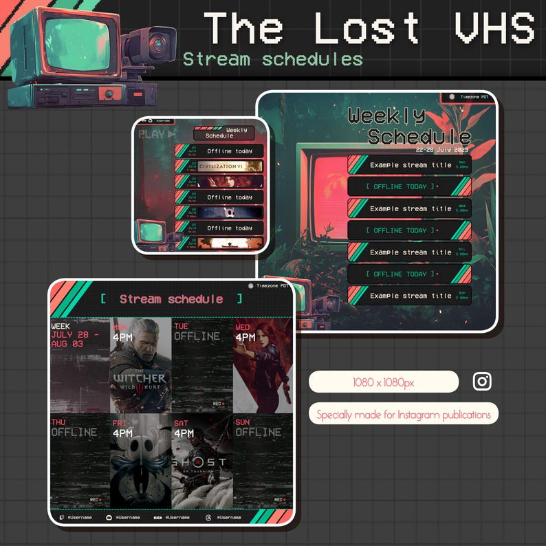 May include: Digital art featuring retro-style stream schedule graphics. The design includes a vintage television, a VCR, and a weekly schedule layout with game titles and stream times. The color palette is primarily green, red, and black.