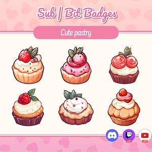 Odznaki Twitch Cute pastry. Odznaki subskrybentów Cake, cupcake, pie, strawberry kawaii. Punkty kanału Food Twitch. Odznaki subskrybentów Twitch. Zasoby Twitch