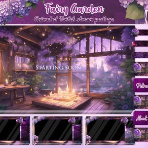Cottagecore fairy garden Twitch animated overlay pack. Twitch panels, stream overlay, stream package, twitch alerts. Fantasy fairy fountain