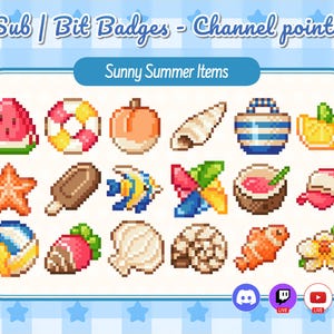 Könnte beinhalten: Pixelige Sommer-Icons, darunter eine Wassermelone, ein Strandball und eine Muschel. Der Text "Sunny Summer Items" wird über den Icons angezeigt. Social-Media-Icons befinden sich unten.