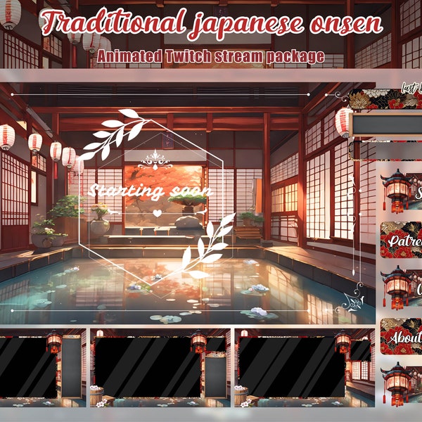 Japanese onsen twitch animated overlay pack. Twitch panels, stream overlay, vtuber background, stream package, Twitch alerts. Hot spring