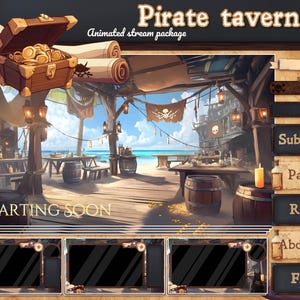Pacote de sobreposição animada Twitch da taverna pirata D&D. Painéis Twitch medievais, sobreposição de transmissão Dungeon and dragons, pacote de transmissão RPG, alertas