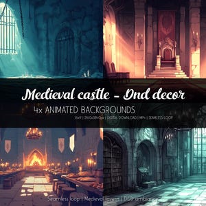 Puede incluir: Cuatro fondos animados que representan diferentes escenas de un castillo medieval. Las escenas incluyen una mazmorra, una sala del trono, una taberna y una biblioteca. Cada fondo tiene 2160x3840 píxeles y está disponible para descarga digital como archivo MP4. Los fondos son bucles sin fin y se pueden usar para el ambiente de D&D.