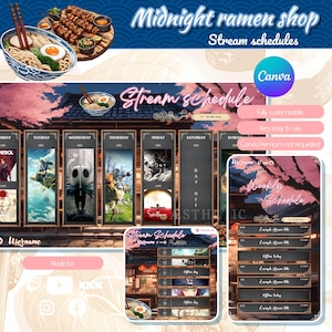 Peut inclure: Une illustration numérique d'un modèle de planning de diffusion en direct sur le thème japonais. Le modèle présente un bol de ramen, des fleurs de cerisier et un cadre en bois. Le texte "Midnight ramen shop" et "Stream schedules" est affiché en haut de l'image. Le modèle est entièrement personnalisable et facile à utiliser.